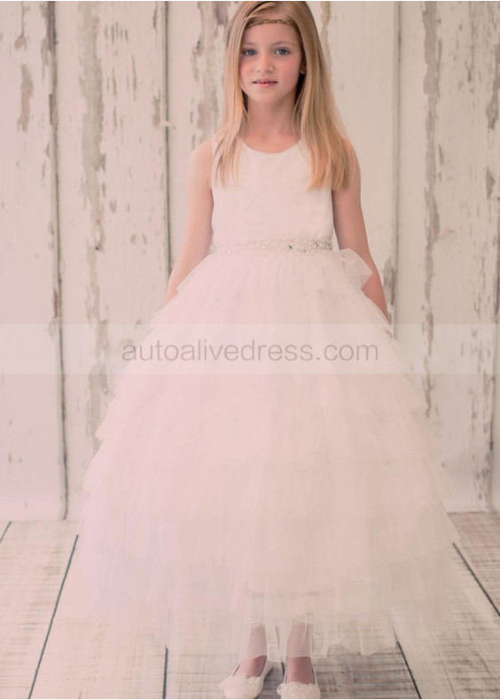 A-line Tulle Ankle Length Ruffle Flower Girl Dress With Beaded Sash